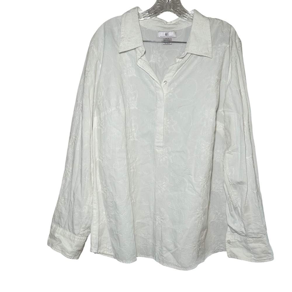 ALC Atlast Classics White Embroidered Floral Collared Long Sleeve Shirt 14 16
